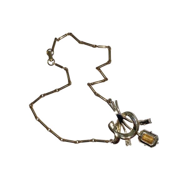 Vintage Silvertone Necklace Aqua Blue Center Stone, Rhinestones, 1950's 15" Long - Picture 3 of 5